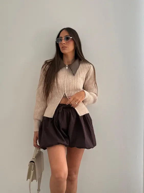 סריג רוכסן צווארון עור