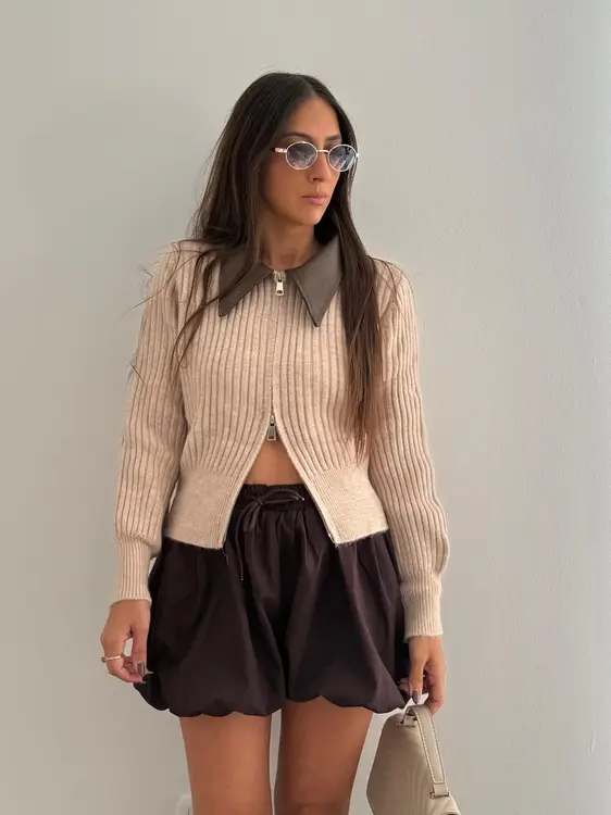 סריג רוכסן צווארון עור