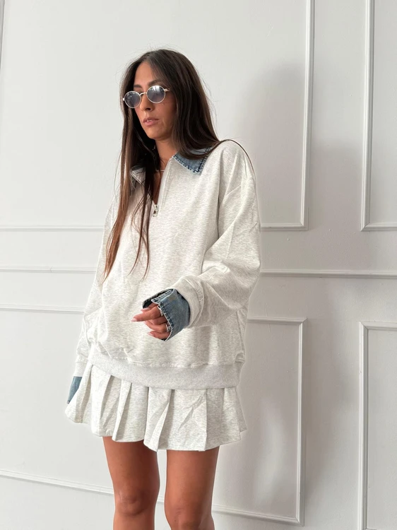 חליפת חצאית שילוב גינס אפור