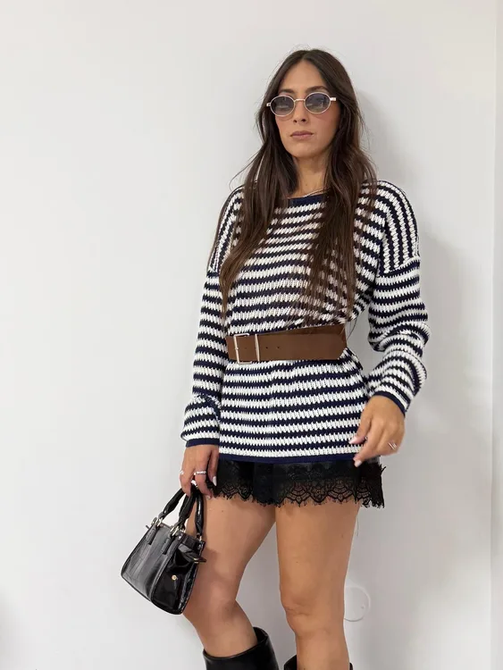 סריג פסים אוברסייז כולל חגורה - כחול