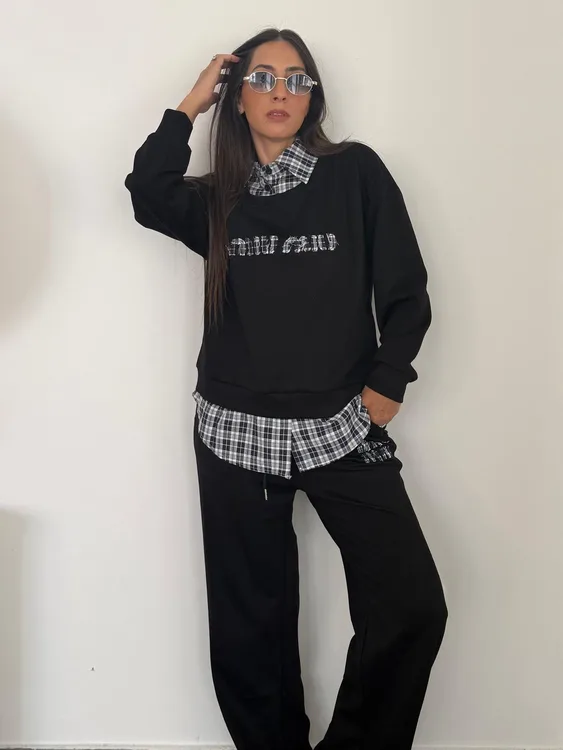 חליפה שילוב משבצות O/S שחור