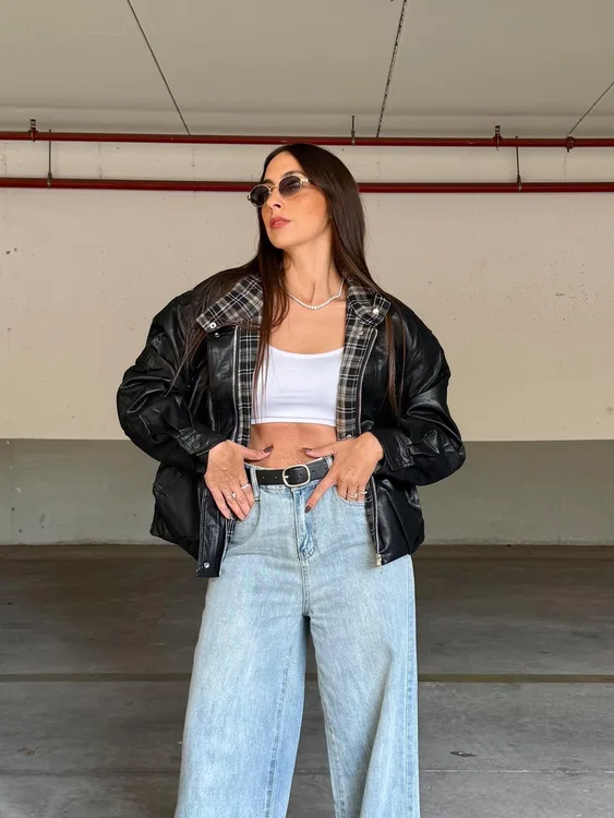 ג'קט דמוי עור בשילוב ביטנת משבצות