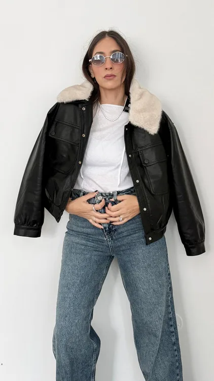 מעיל דמוי עור פרווה שחור