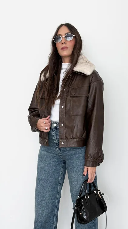 מעיל דמוי עור פרווה חום