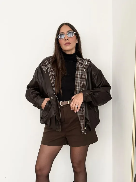 ג'קט דמוי עור בשילוב משבצות - חום