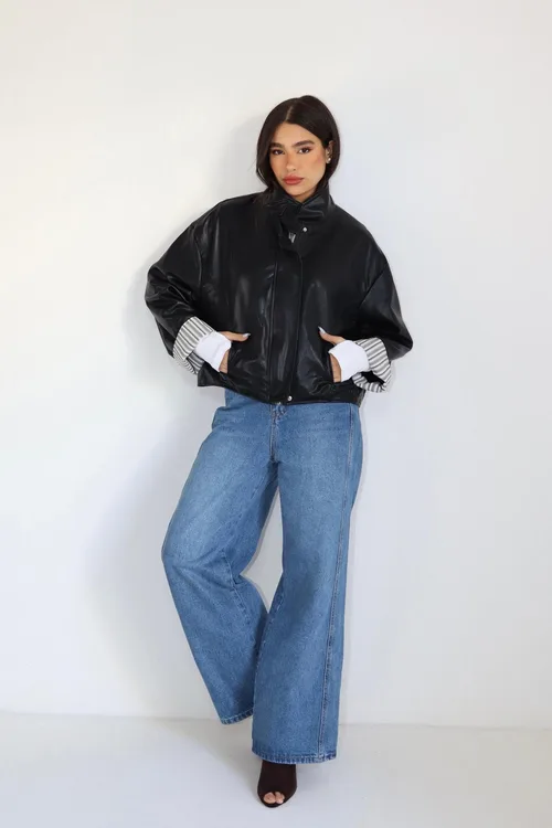 ג'קט עור שילוב פסים - שחור